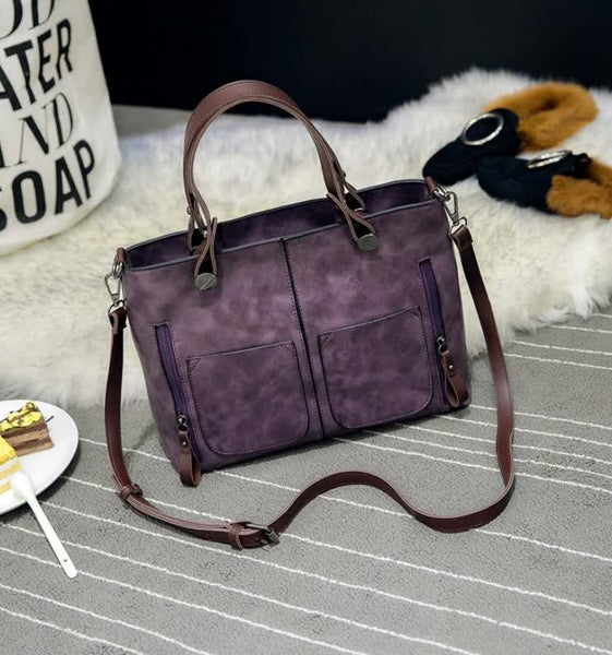 Womens Classic PU Leather Tote Bag Handbag Double Handles Multi Pocket Purple