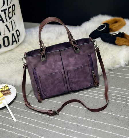 Womens Classic PU Leather Tote Bag Handbag Double Handles Multi Pocket Purple