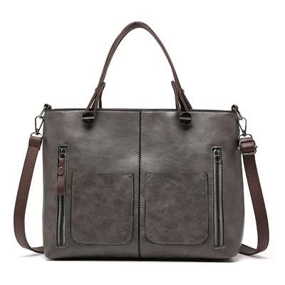 Womens Classic PU Leather Tote Bag Handbag Double Handles Multi Pocket Grey