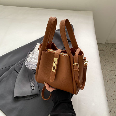 Compact Elegant PU Leather Shoulder Bag Handbag Adjustable Strap Brown