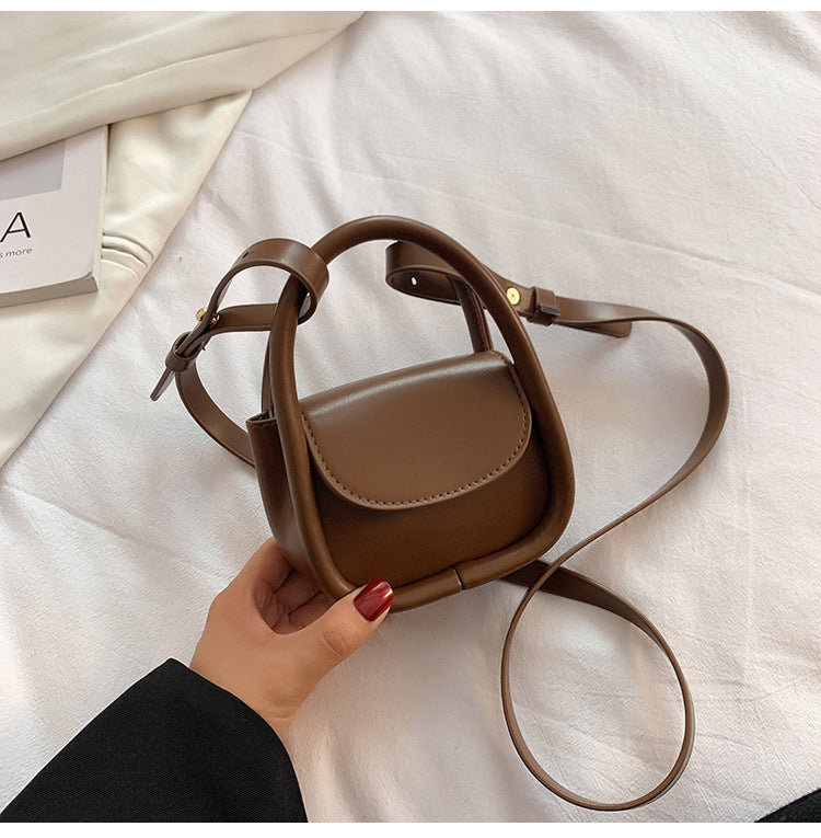 Compact Crossbody Leather Bag Handbag Magnetic Closure Brown