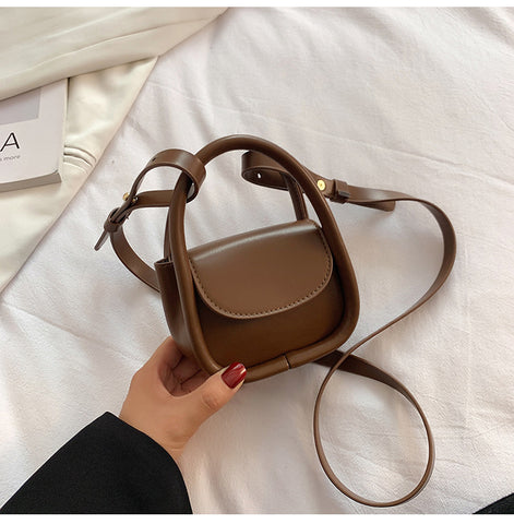 Compact Crossbody Leather Bag Handbag Magnetic Closure Brown