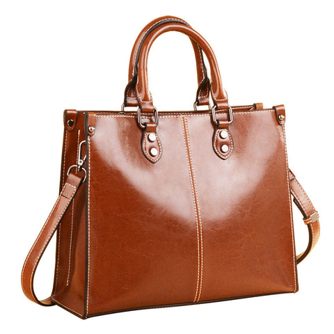 Elegant Genuine Leather Shoulder Bag Handbag Adjustable Strap Top Handle Brown