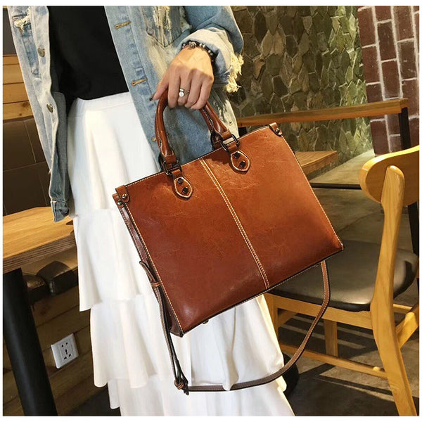 Elegant Genuine Leather Shoulder Bag Handbag Adjustable Strap Top Handle Brown