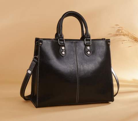 Elegant Genuine Leather Shoulder Bag Handbag Adjustable Strap Top Handle Black