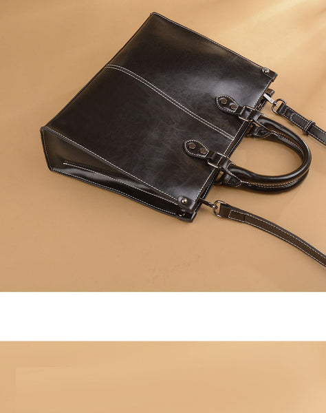 Elegant Genuine Leather Shoulder Bag Handbag Adjustable Strap Top Handle Black