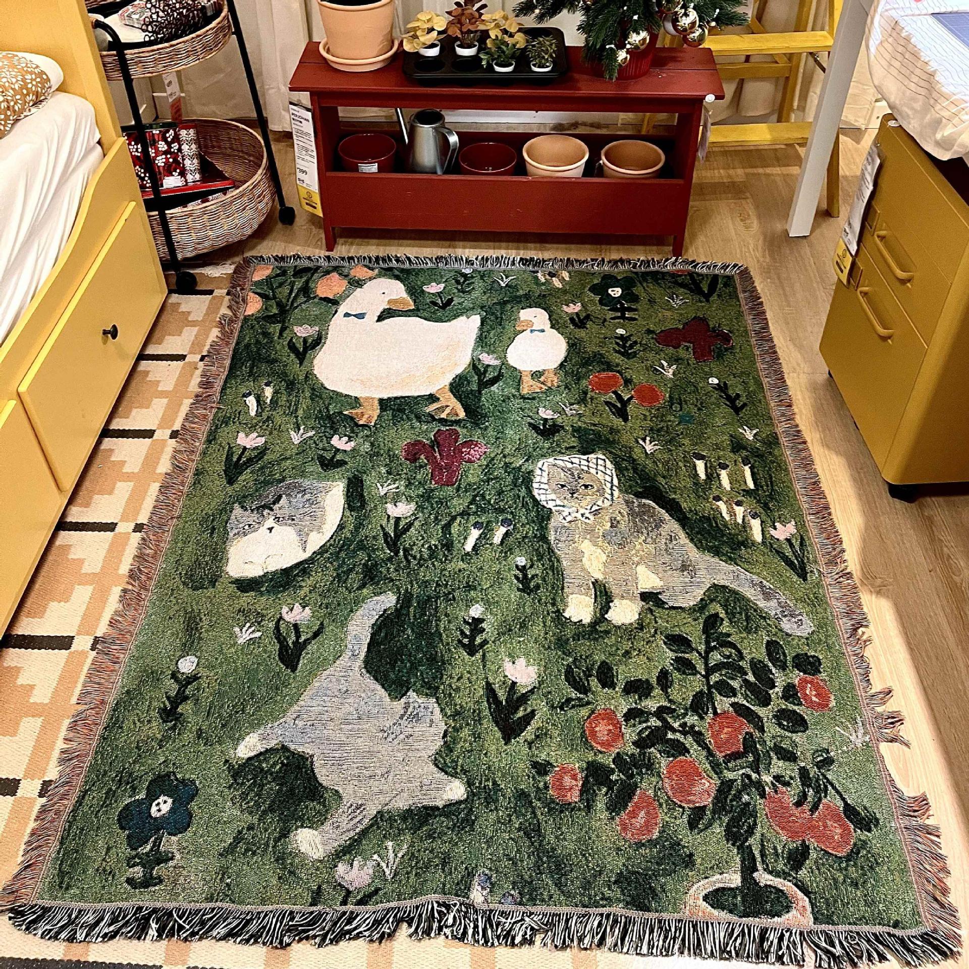 Floral Cat Patterned Throw Blanket Rug Tassel Fringe 130 x 160cm Green