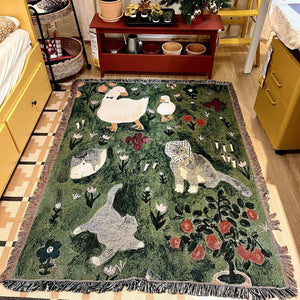 Floral Cat Patterned Throw Blanket Rug Tassel Fringe 130 x 160cm Green