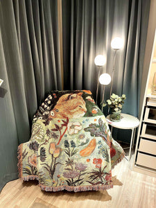 Sleeping Cat Patterned Throw Blanket Rug Tassel Fringe 130 x 160cm Green Orange