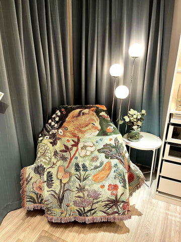 Sleeping Cat Patterned Throw Blanket Rug Tassel Fringe 130 x 160cm Green Orange