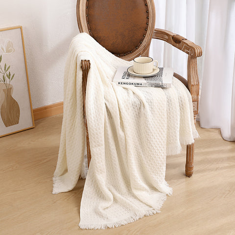 Solid Color Knitted Waffle Weave Blanket Throw Rug 230 x 130cm Off White
