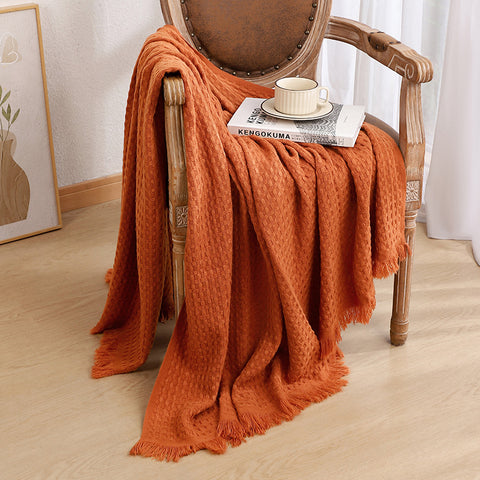 Solid Color Knitted Waffle Weave Blanket Throw Rug 230 x 130cm Caramel