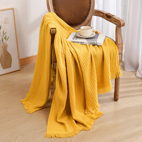 Solid Color Knitted Waffle Weave Blanket Throw Rug 230 x 130cm Bright Yellow