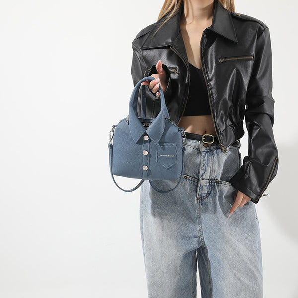 Shirt Inspired Look PU Leather Shoulder Crossbody Bag Handbag Unique Denim Blue