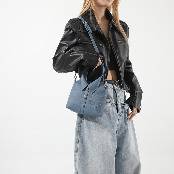 Shirt Inspired Look PU Leather Shoulder Crossbody Bag Handbag Unique Denim Blue