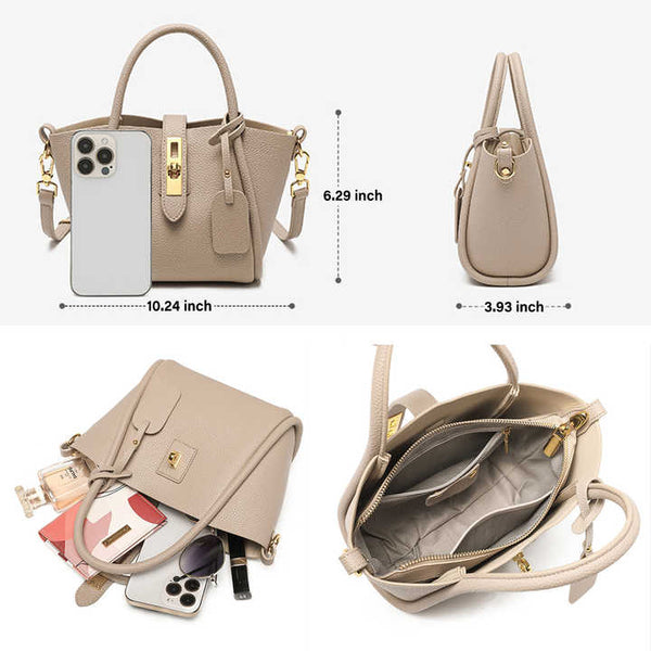 Genuine Leather Womens Crossbody Bucket Bag Handbag Top Handle Beige