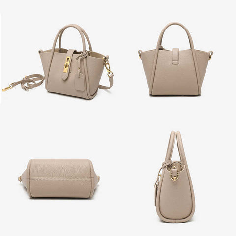 Genuine Leather Womens Crossbody Bucket Bag Handbag Top Handle Beige