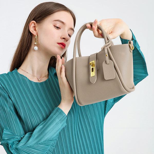 Genuine Leather Womens Crossbody Bucket Bag Handbag Top Handle Beige