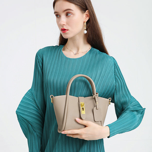 Genuine Leather Womens Crossbody Bucket Bag Handbag Top Handle Beige
