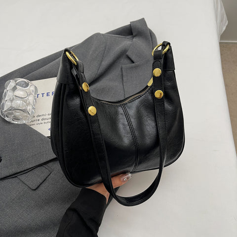 PU Faux Leather Vintage Look Hobo Curved Shoulder Bag Handbag Black