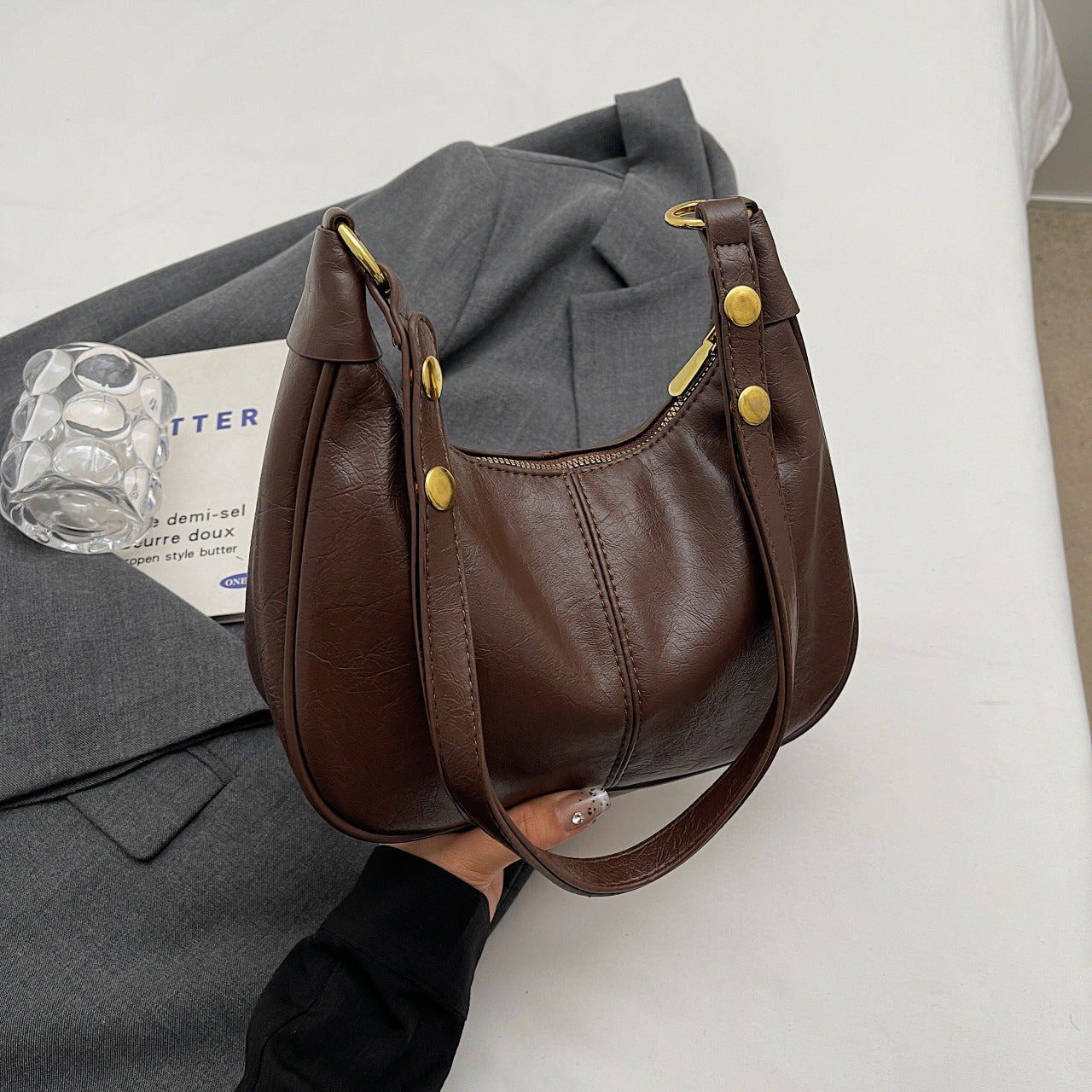PU Faux Leather Vintage Look Hobo Curved Shoulder Bag Handbag Brown
