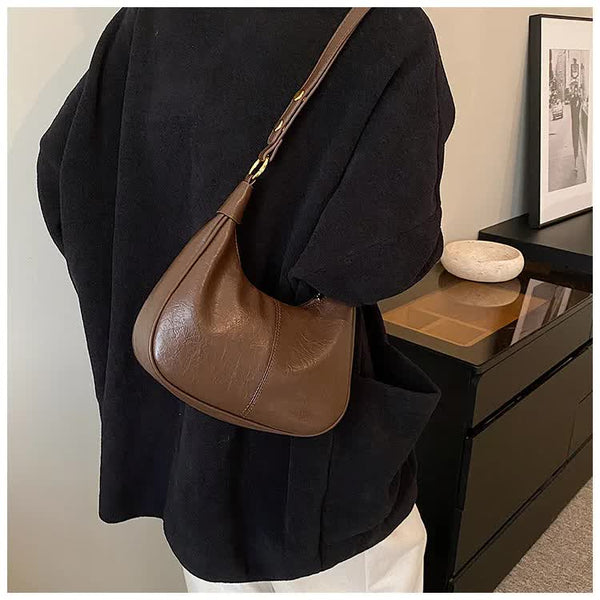 PU Faux Leather Vintage Look Hobo Curved Shoulder Bag Handbag Brown