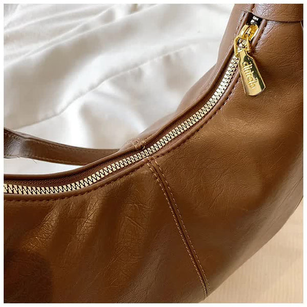 PU Faux Leather Vintage Look Hobo Curved Shoulder Bag Handbag Brown