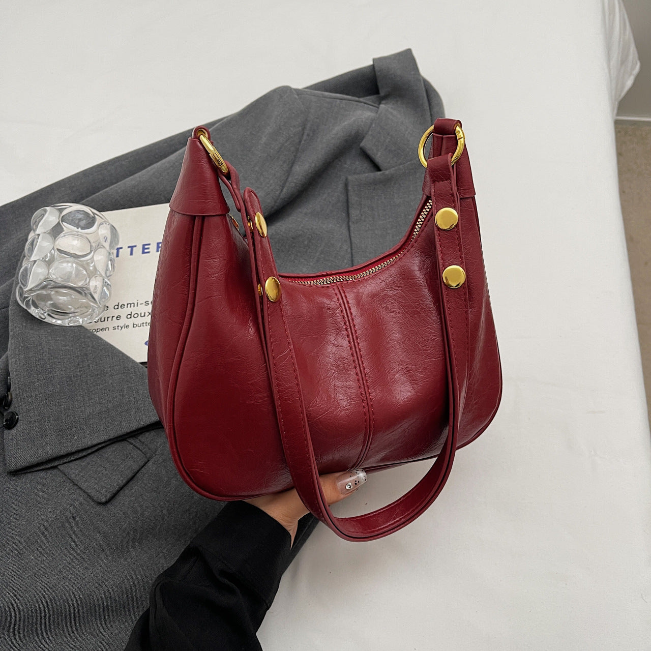 PU Faux Leather Vintage Look Hobo Curved Shoulder Bag Handbag Red