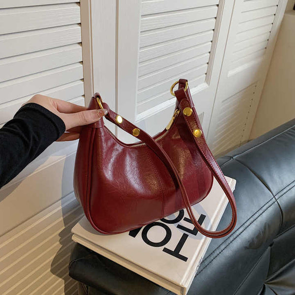 PU Faux Leather Vintage Look Hobo Curved Shoulder Bag Handbag Red