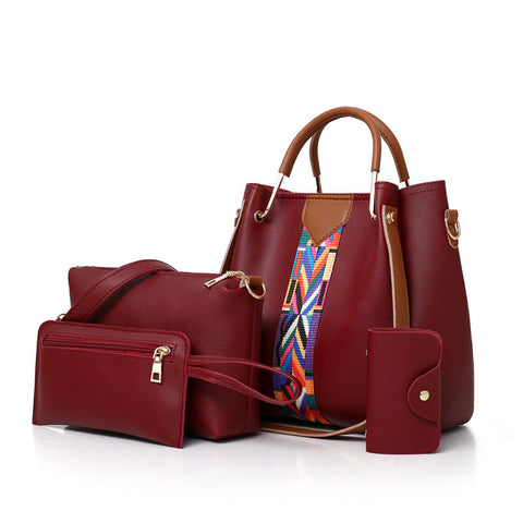 4 Piece PU Leather Tote Shoulder Clutch Bag Handbag Wallet Purse Set Red