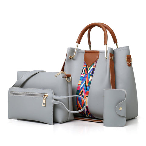 4 Piece PU Leather Tote Shoulder Clutch Bag Handbag Wallet Purse Set Grey