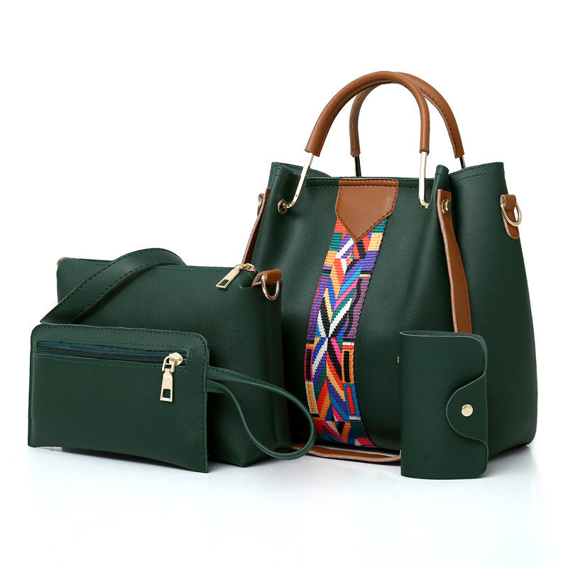 4 Piece PU Leather Tote Shoulder Clutch Bag Handbag Wallet Purse Set Dark Green