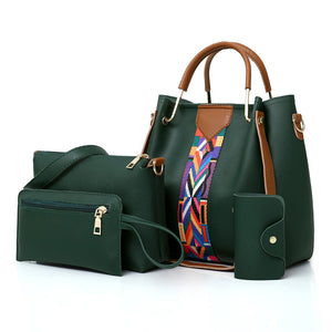 4 Piece PU Leather Tote Shoulder Clutch Bag Handbag Wallet Purse Set Dark Green