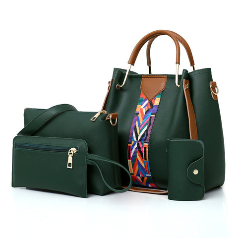 4 Piece PU Leather Tote Shoulder Clutch Bag Handbag Wallet Purse Set Dark Green