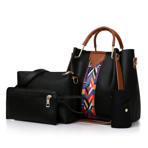 4 Piece PU Leather Tote Shoulder Clutch Bag Handbag Wallet Purse Set Black