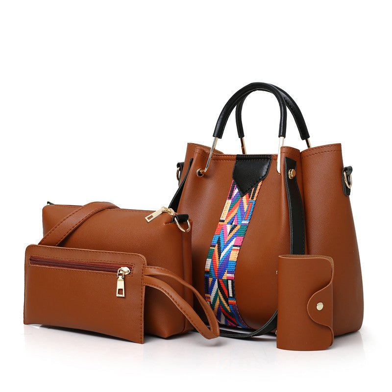 4 Piece PU Leather Tote Shoulder Clutch Bag Handbag Wallet Purse Set Brown