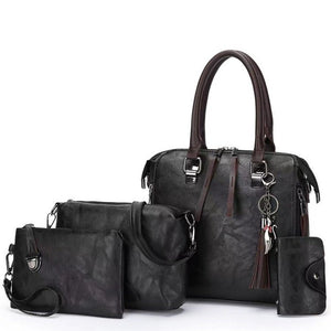 4 Piece PU Leather Tote Shoulder Clutch Bag Handbag Card Holder Set Black