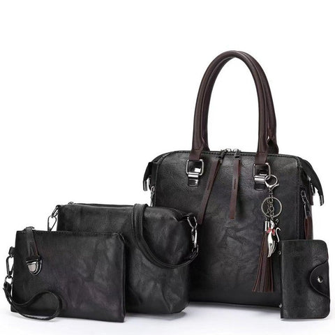 4 Piece PU Leather Tote Shoulder Clutch Bag Handbag Card Holder Set Black