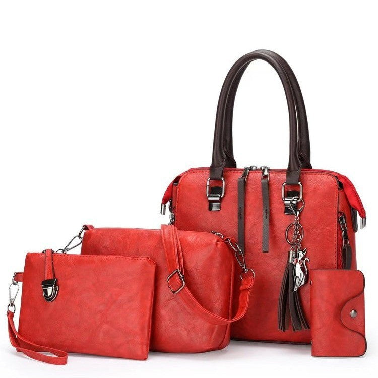 4 Piece PU Leather Tote Shoulder Clutch Bag Handbag Card Holder Set Red