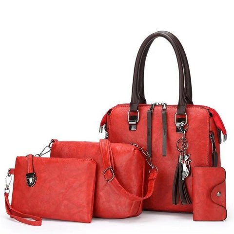 4 Piece PU Leather Tote Shoulder Clutch Bag Handbag Card Holder Set Red