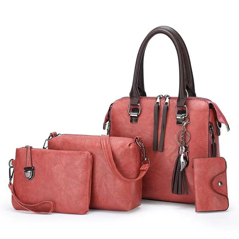 4 Piece PU Leather Tote Shoulder Clutch Bag Handbag Card Holder Set Pink