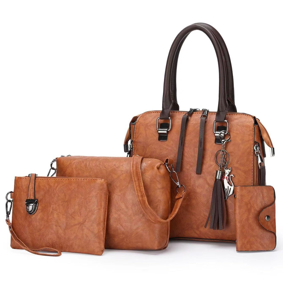 4 Piece PU Leather Tote Shoulder Clutch Bag Handbag Card Holder Set Brown
