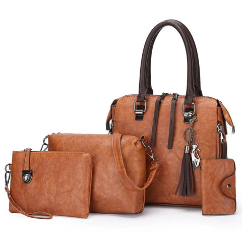 4 Piece PU Leather Tote Shoulder Clutch Bag Handbag Card Holder Set Brown