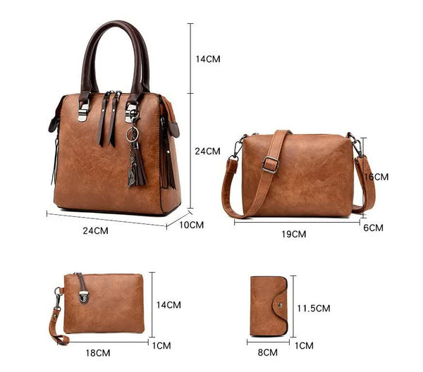4 Piece PU Leather Tote Shoulder Clutch Bag Handbag Card Holder Set Brown