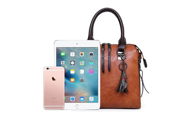4 Piece PU Leather Tote Shoulder Clutch Bag Handbag Card Holder Set Brown
