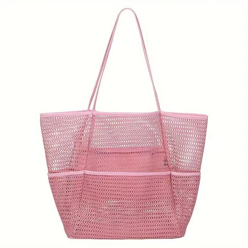 Breathable Mesh Beach Tote Shopper Shoulder Bag Zip Pockets Pink