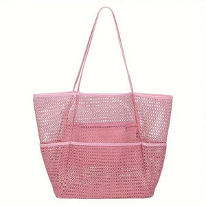 Breathable Mesh Beach Tote Shopper Shoulder Bag Zip Pockets Pink
