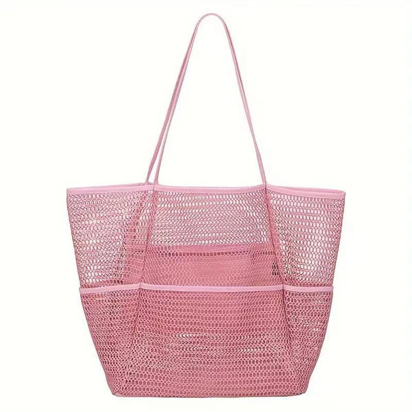Breathable Mesh Beach Tote Shopper Shoulder Bag Zip Pockets Pink