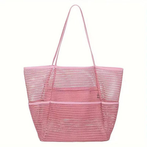 Breathable Mesh Beach Tote Shopper Shoulder Bag Zip Pockets Pink