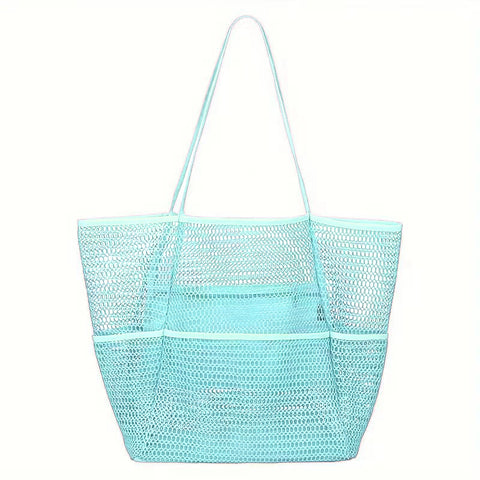 Breathable Mesh Beach Tote Shopper Shoulder Bag Zip Pockets Blue